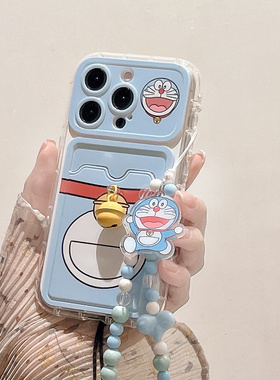 启乾 立体铃铛蓝色猫咪iPhone16/15手机壳适用苹果14/13promax卡包卡套插卡12硅胶软壳11链条挂绳可爱新款女