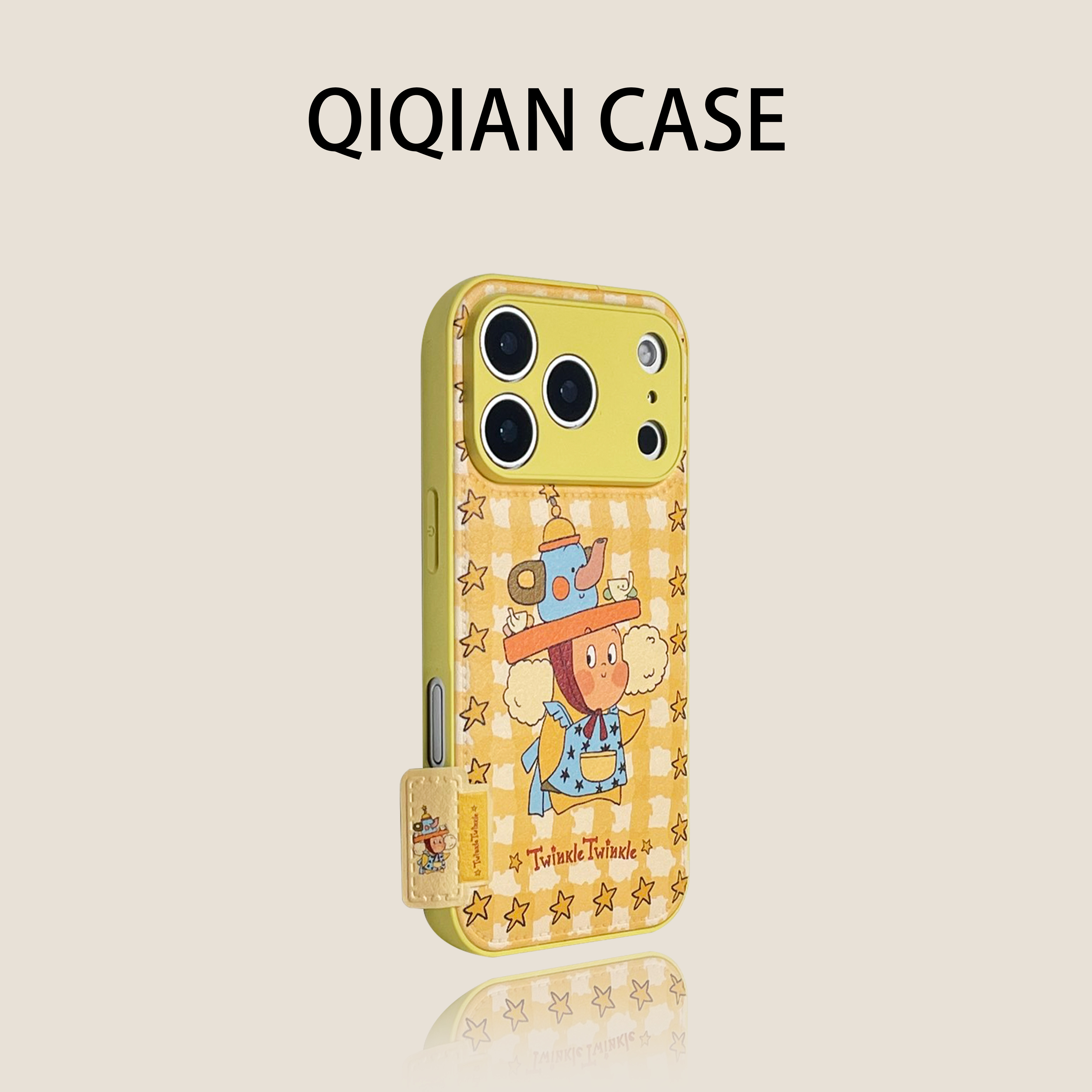 启乾 卡通肤感直边皮纹鼓包黄框围边水壶星星人iPhone17/1