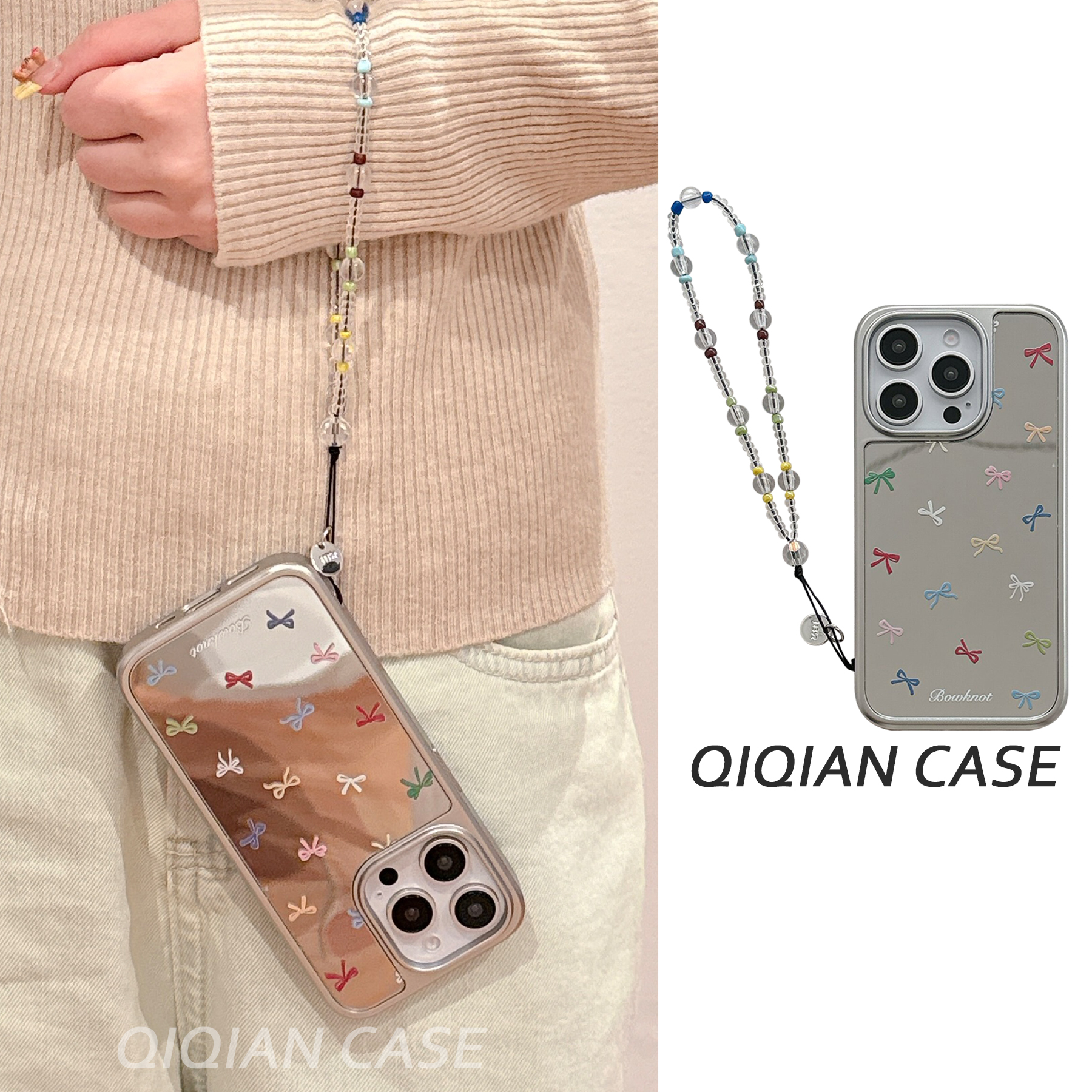 启乾 镜面彩色蝴蝶结腕带iPhone16/15手机壳适用苹果14/13promax硬壳12手提链条挂绳少女心小众韩风新款镜子