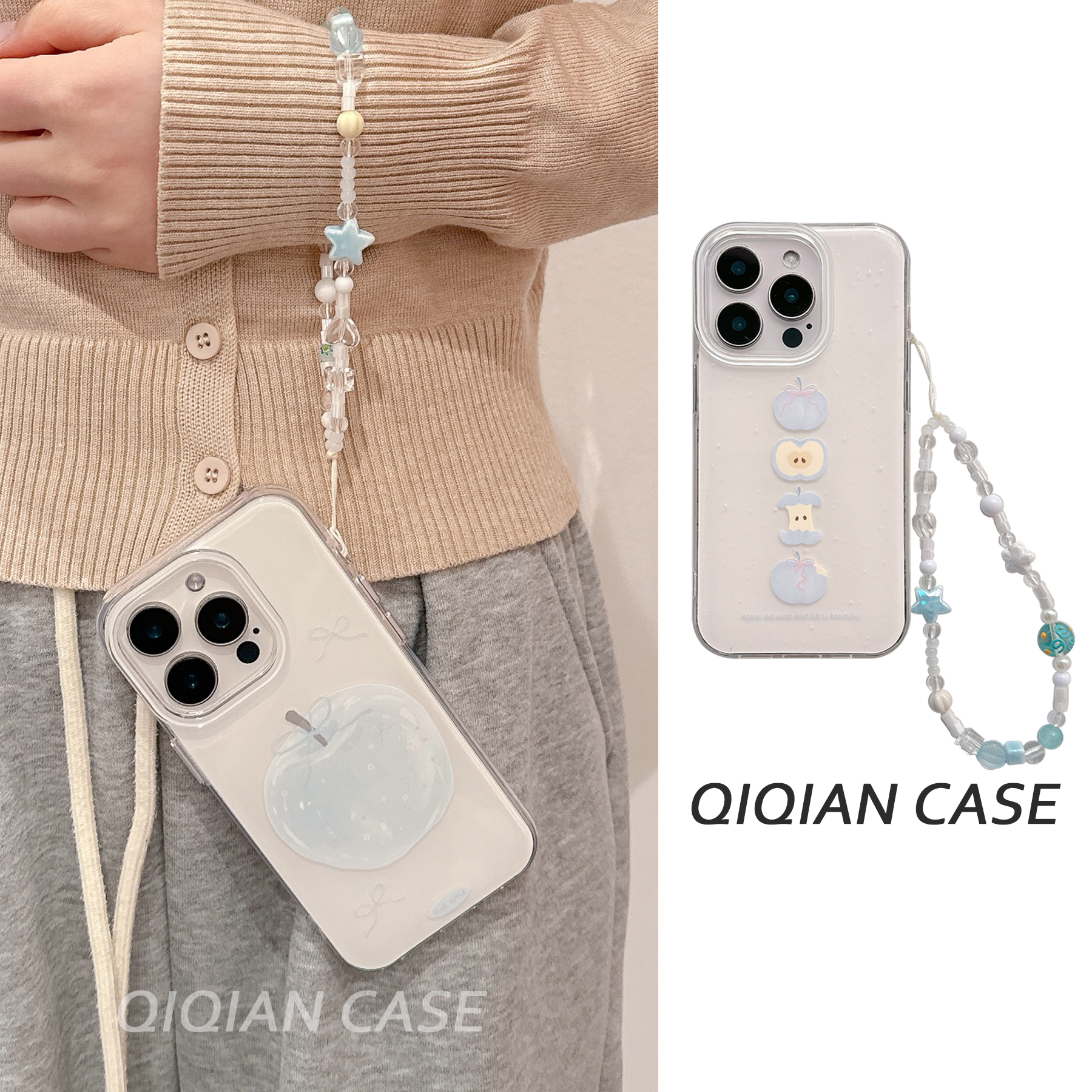 启乾 蓝色蝴蝶结苹果腕带iPhone16/15手机壳适用苹果14/13promax双层硬壳链条挂绳小清新小众日韩ins风新款