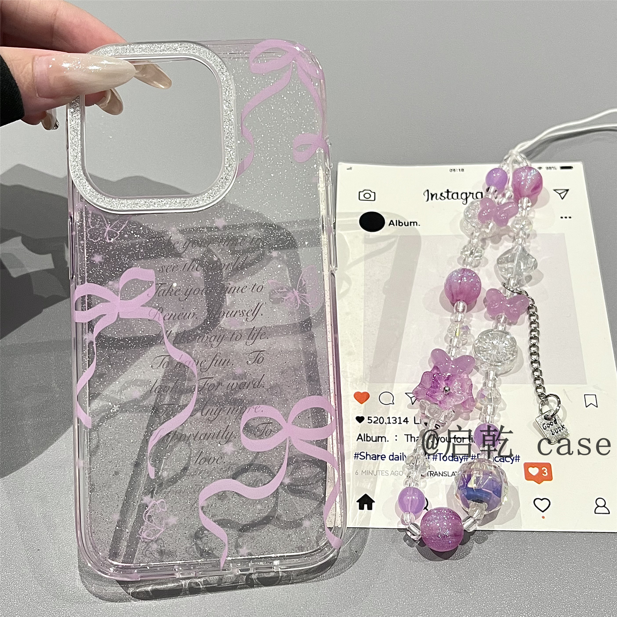 启乾 闪粉紫色蝴蝶结腕带iPhone16/15手机壳适用苹果14/13promax双层硬壳链条挂绳少女心小众日韩ins风新款