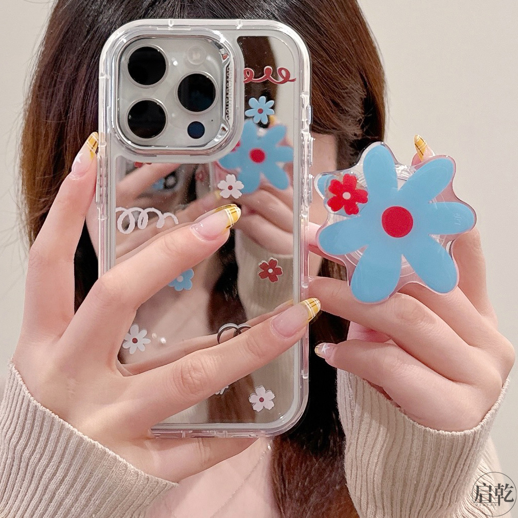 启乾 镜面蓝色花朵支架背贴iPhone16/15手机壳适用苹果14/13promax硬壳少女心小众日韩ins风网红新款镜子防摔