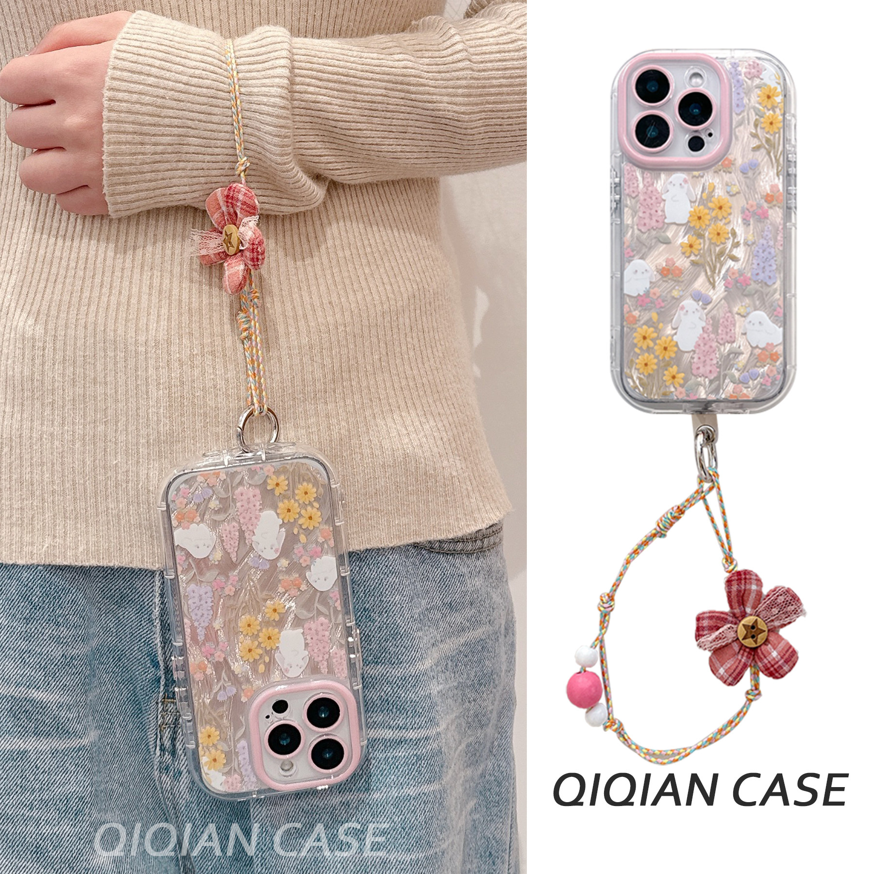 启乾 羽纱碎花兔子腕带iPhone17/16手机壳适用苹果15/