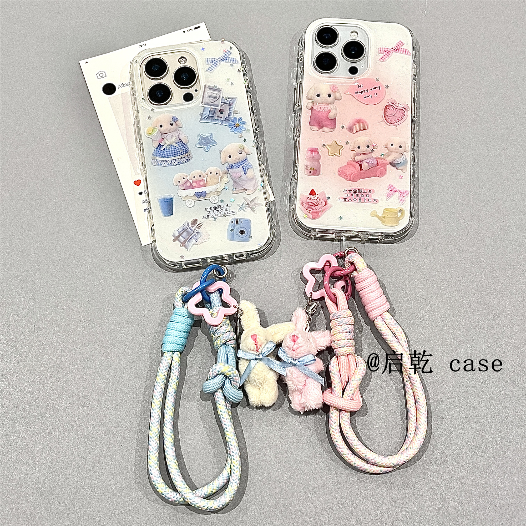 启乾 闪粉晕染森贝儿腕带iPhone16/15手机壳适用苹果14/13promax硬壳链条挂绳少女心粉色蓝色可爱卡通新款