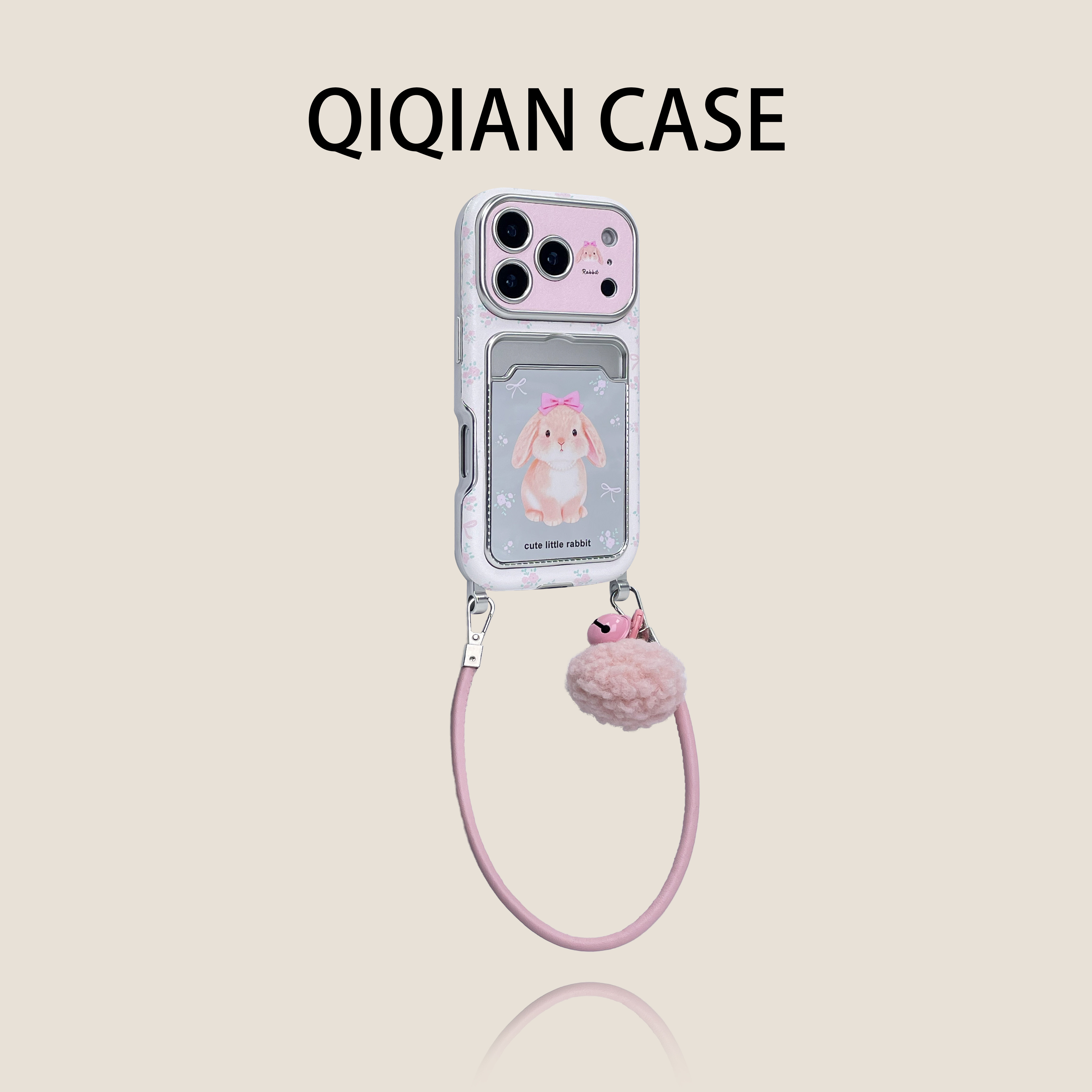 启乾 呆萌碎花粉色趴耳兔镜面卡包腕带iPhone17/16手机壳适用苹果15/14promax电镀硬壳13链条挂绳可爱少女心,3C数码配件,手机保护套/壳,淘宝优惠券,粉丝福利购,淘宝优惠卷