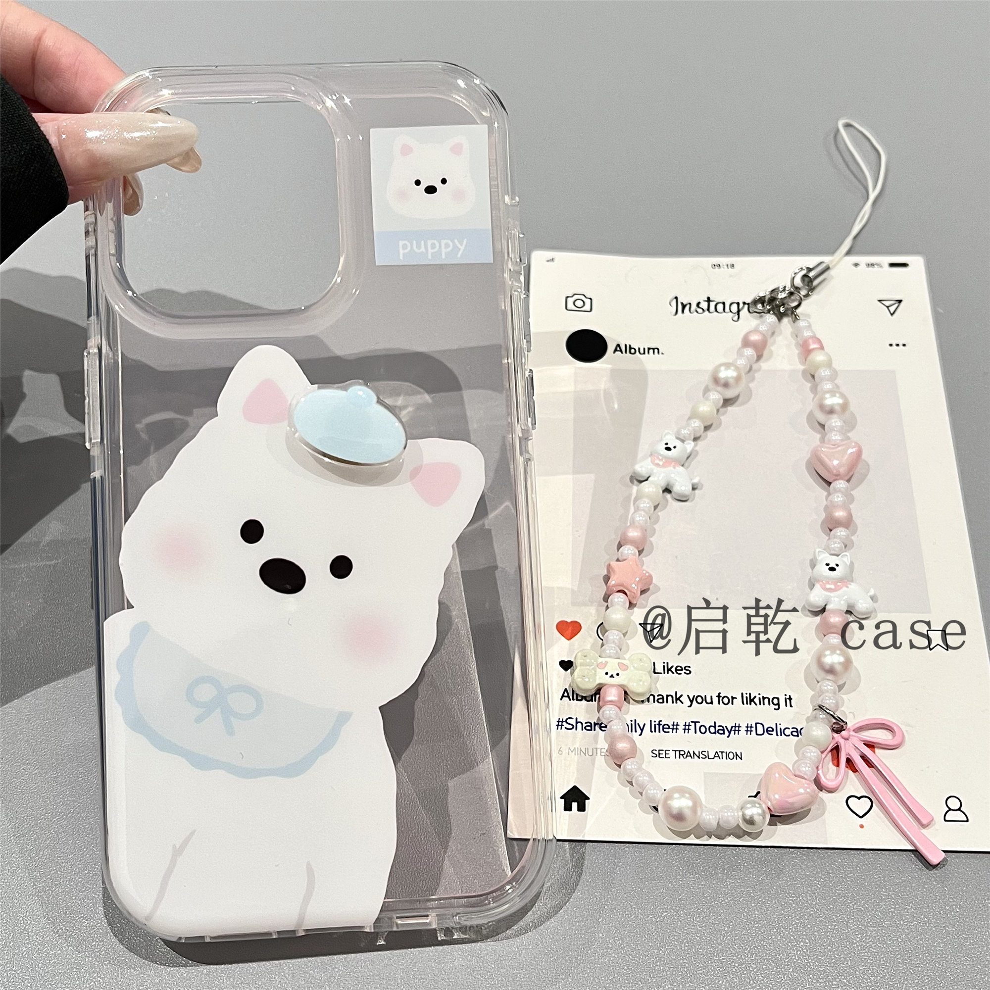 启乾 立体旋转帽子西高地iPhone16/15手机壳适用苹果14/13promax透明硬壳链条挂绳少女心粉色可爱卡通ins新款