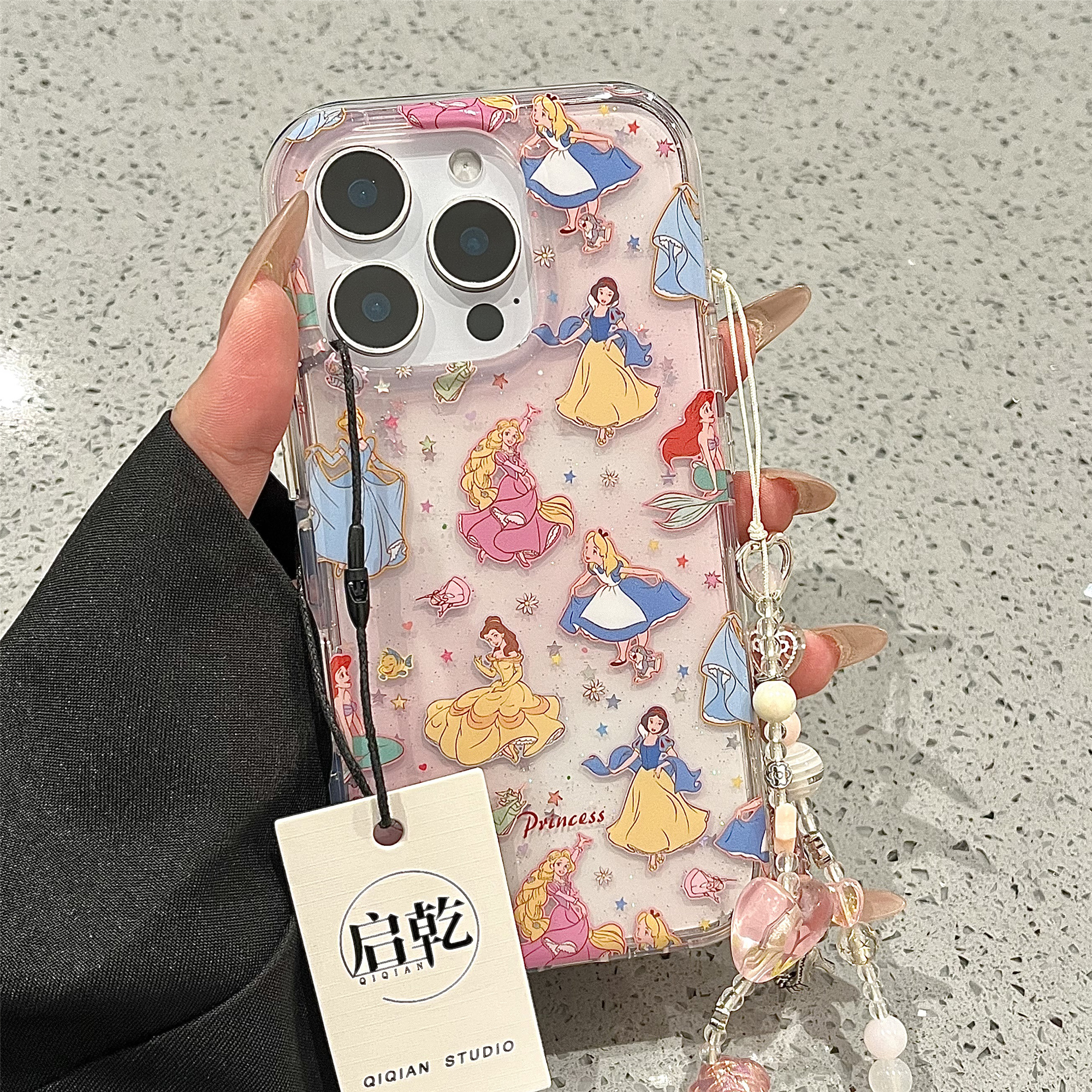 启乾 闪粉彩色星星公主腕带iPhone16/15手机壳适用苹果14/13promax双层硬壳链条挂绳少女心童话可爱卡通新款