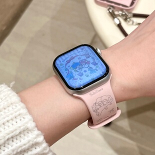 3小众趣味卡通新款 启乾 9苹果Applewatch7手表表带SE8粉色硅胶透气6运动5 ins风 可爱双子星适用iwatchs10