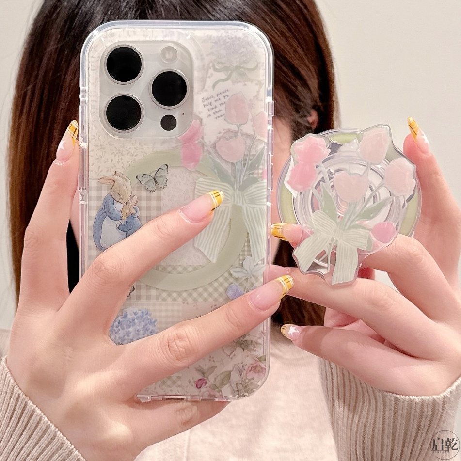 启乾 磁吸壳格纹花朵带支架iPhone16/15手机壳适用苹果14/13promax双层硬壳少女心绿色小清新兔子新款春天