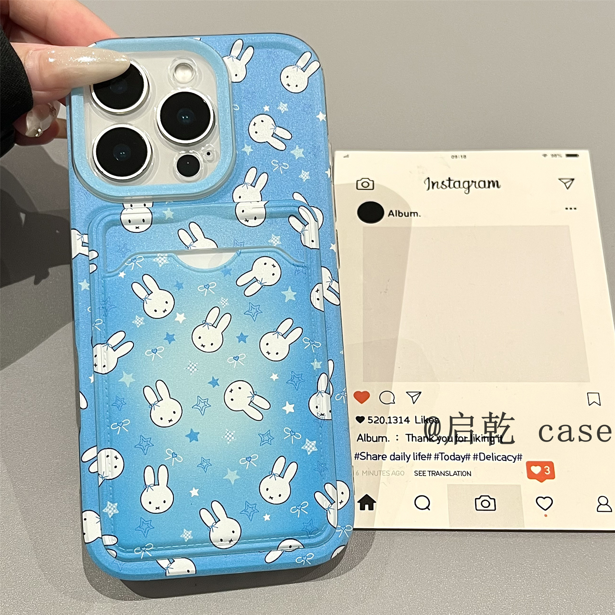 启乾 蓝色星星兔子iPhone16/15手机壳适用苹果14/13promax卡包卡套插卡12/11软壳少女心xsmax可爱7plus新款