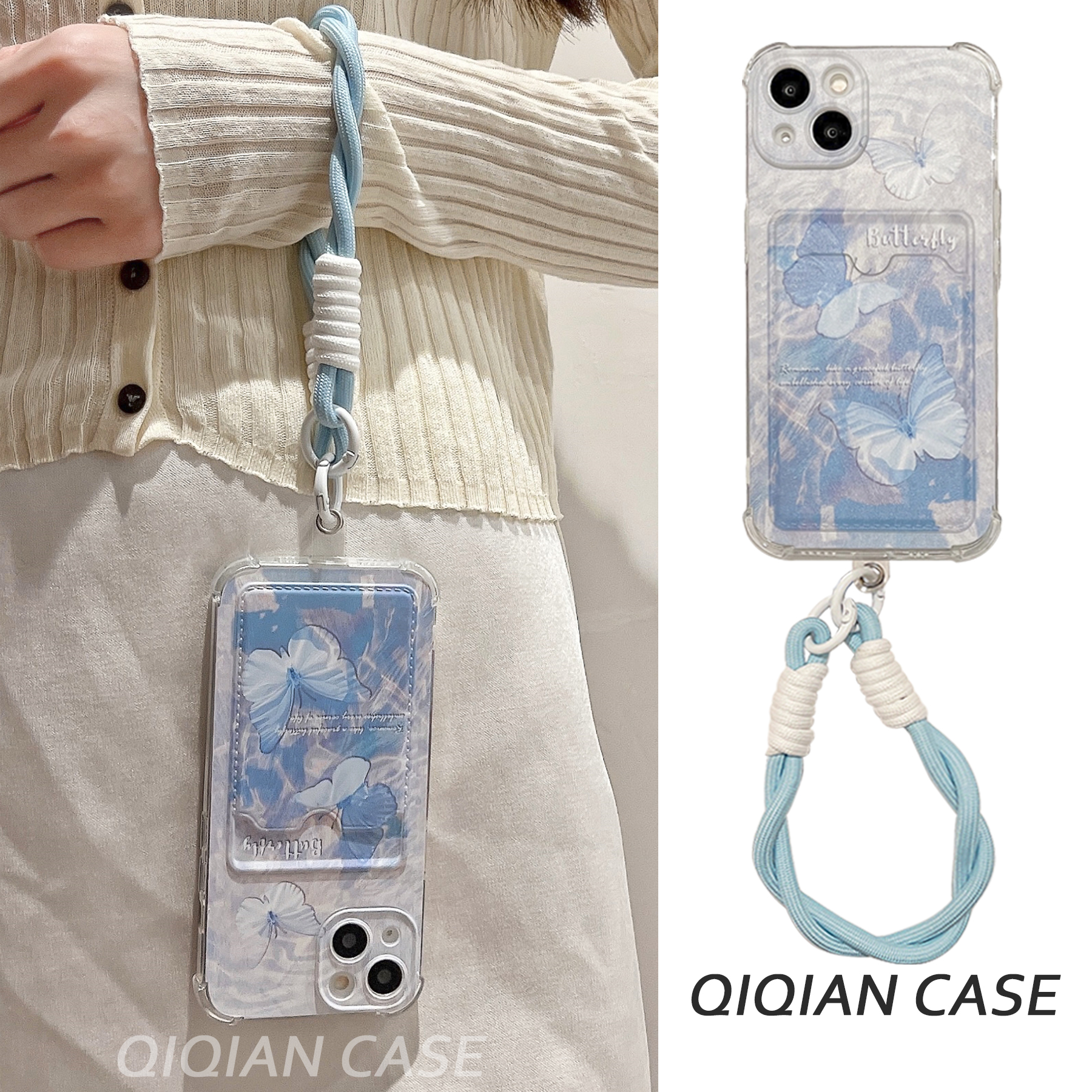 启乾 蓝色蝴蝶腕带iPhone16/15手机壳适用苹果14/13promax卡包卡套插卡12软壳11链条挂绳高级感小众韩风新款