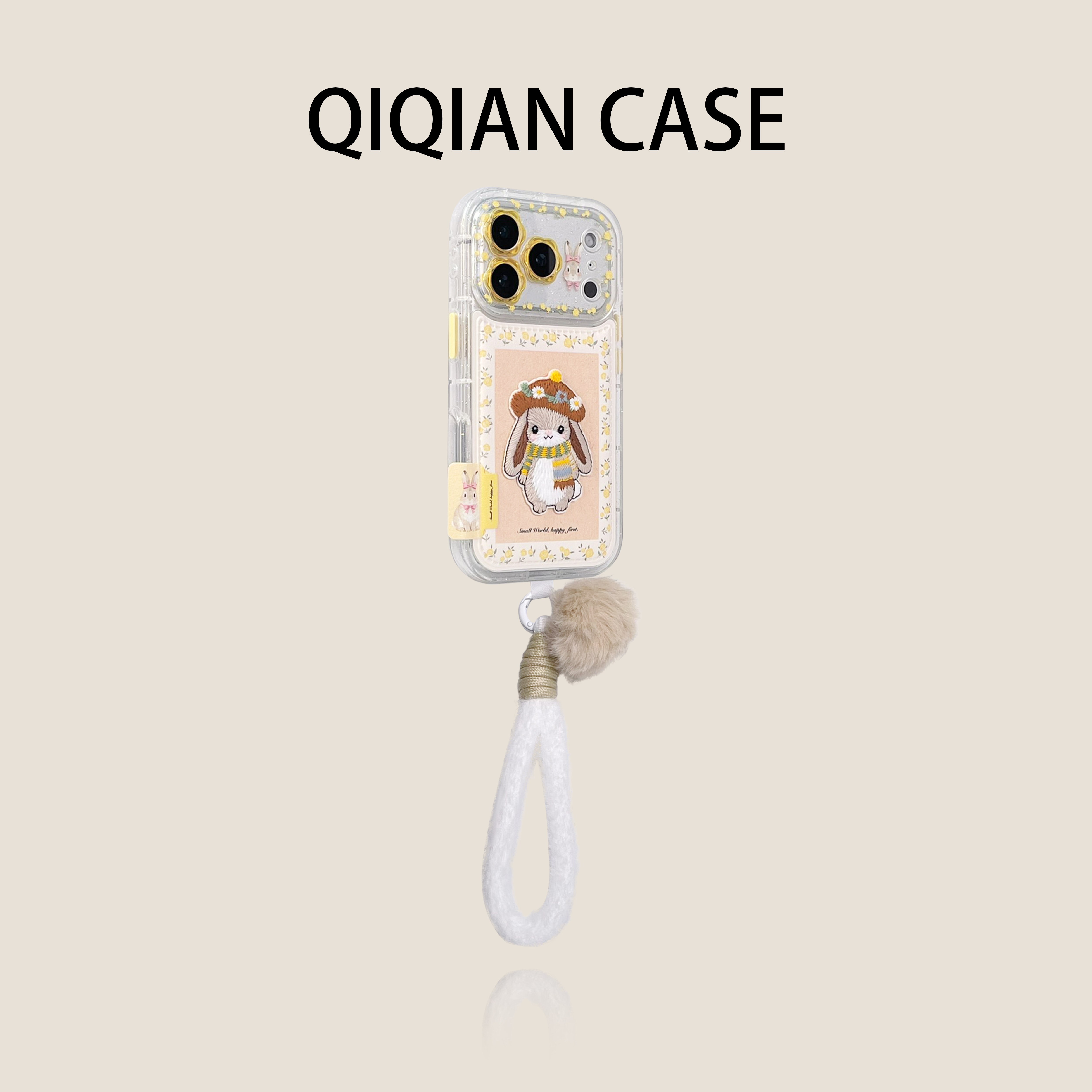 启乾 圆边皮质花朵镜头围边黄玫瑰刺绣邦尼兔腕带iPhone17/16手机壳适用苹果15/14promax软壳萌系趣味少女ins,3C数码配件,手机保护套/壳,淘宝优惠券,粉丝福利购,淘宝优惠卷