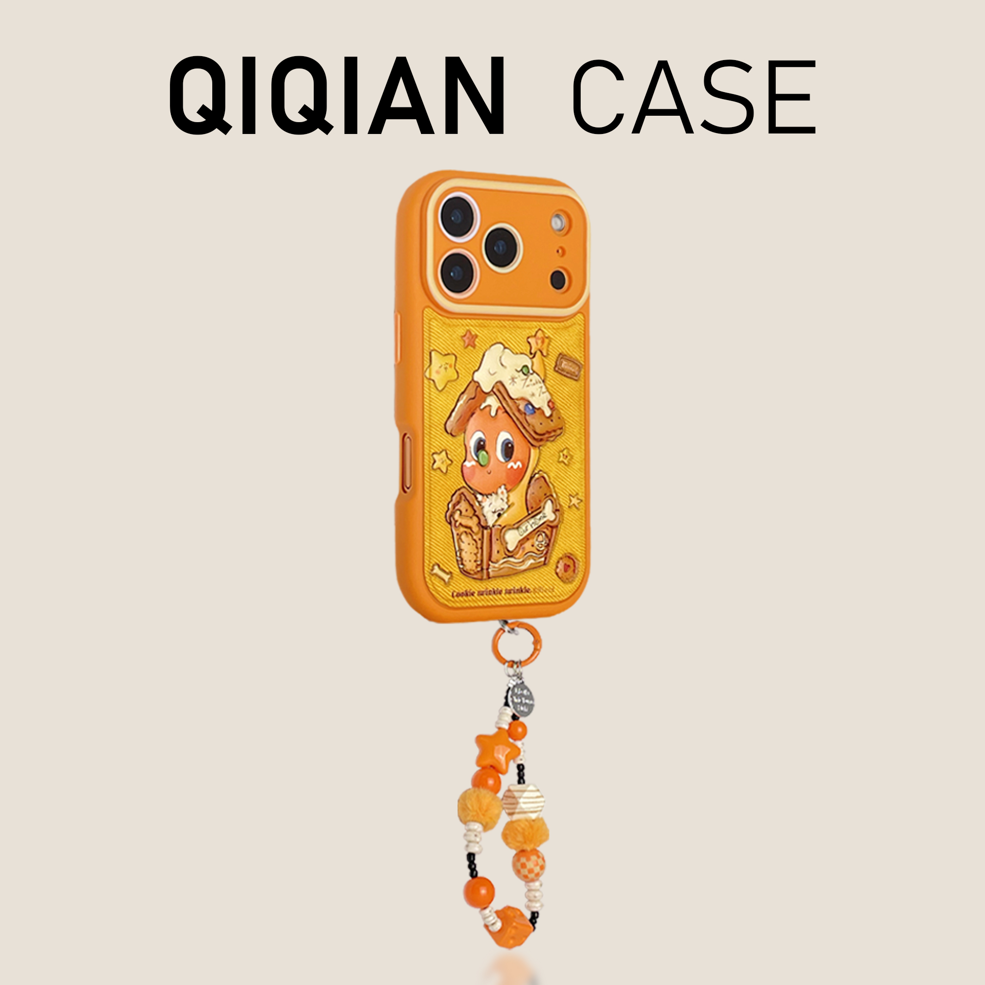 启乾 可爱橙色骨头饼干屋星星人腕带iPhone17/16手机壳适用苹果15/14promax皮质软壳13链条挂绳卡通少女新款