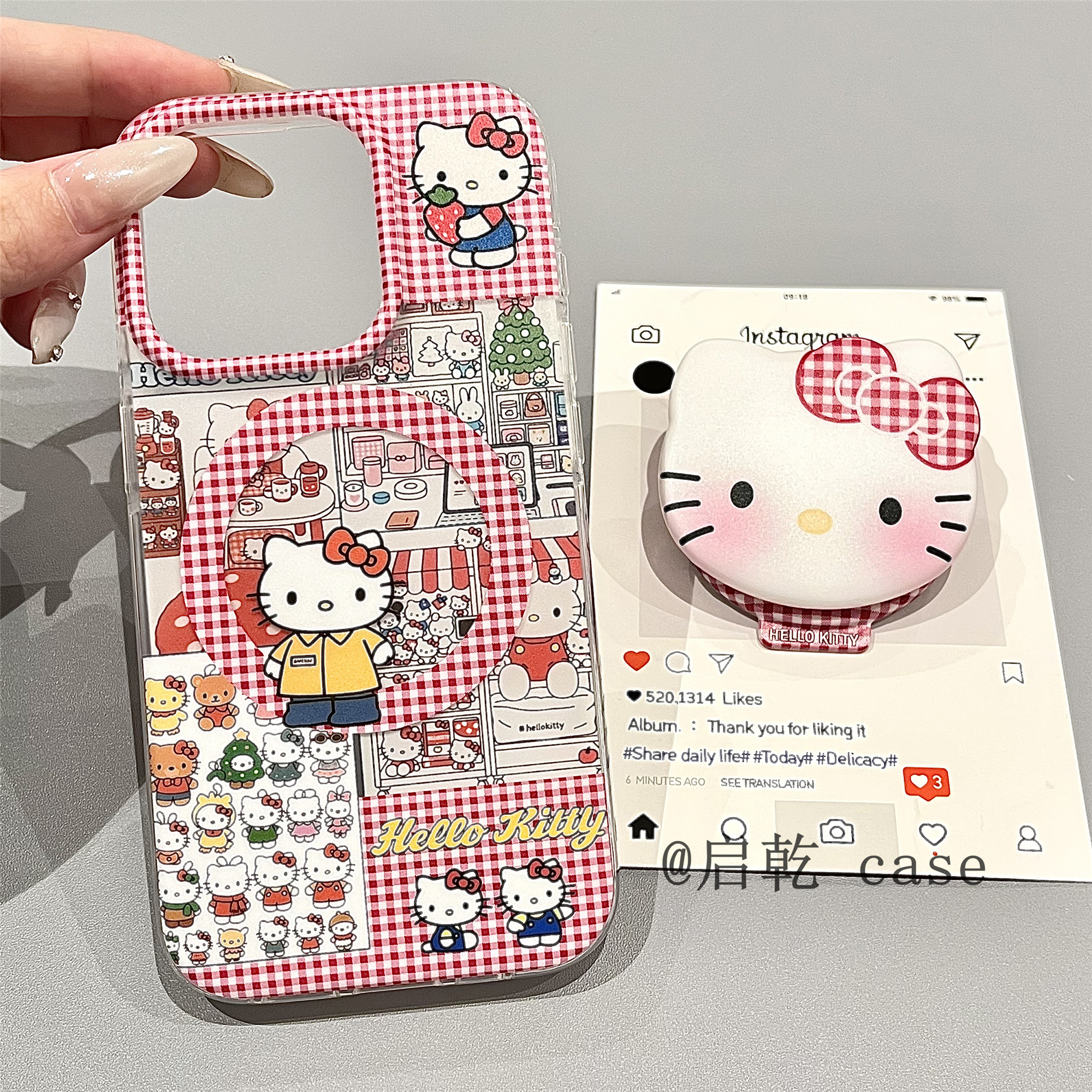 启乾 磁吸壳红色格纹凯蒂猫带支架iPhone16/15手机壳适用苹果14/13promax硬壳少女心可爱哈喽HelloKitty新款
