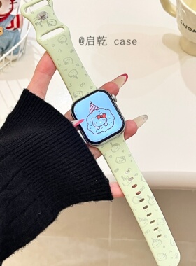 启乾 ins音符生日帽猫咪适用iwatchs10/9苹果Applewatch7手表表带SE8嫩绿色硅胶透气6运动5/4/3防摔少女新款