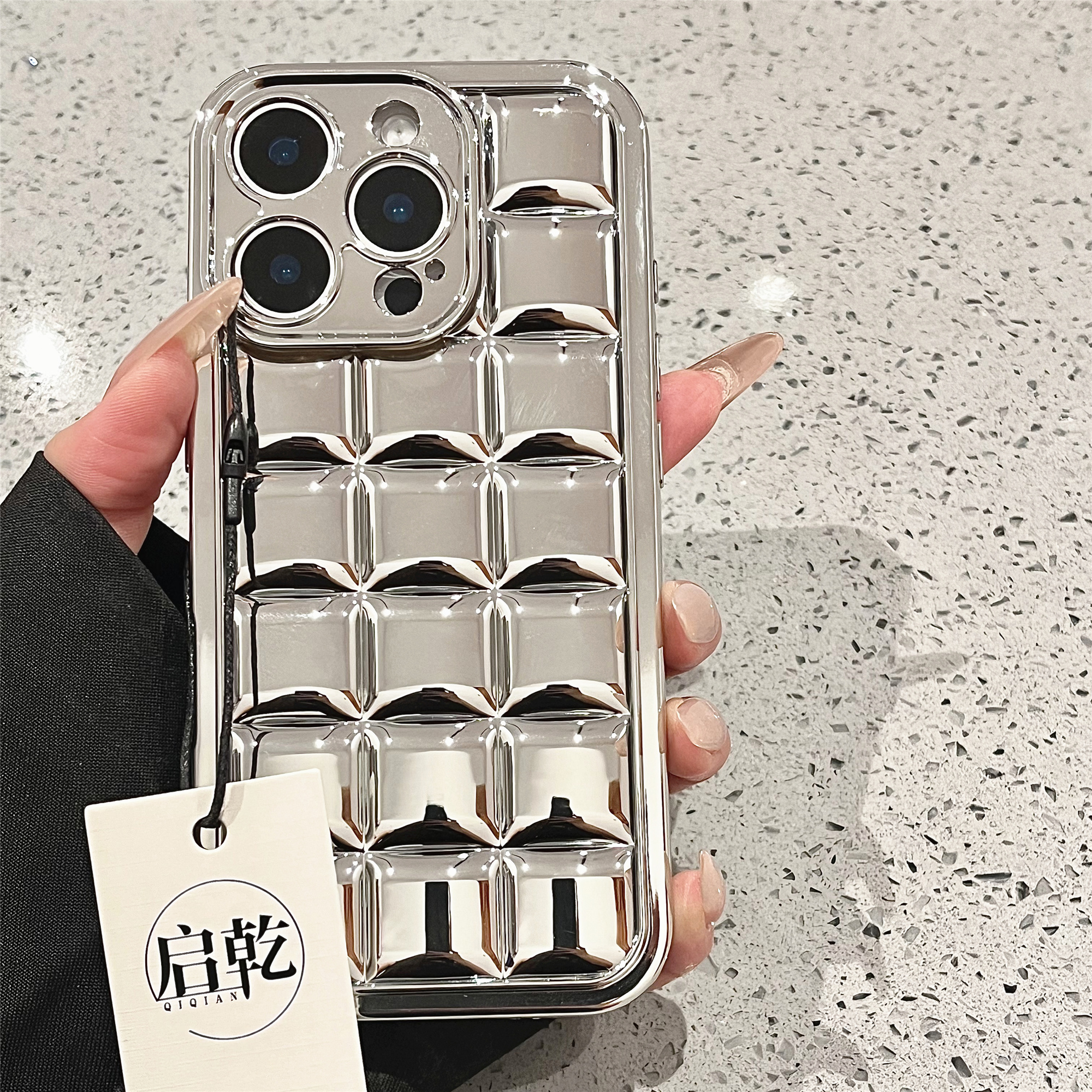 启乾 高级感银色方块iPhone16/15手机壳适用苹果14/13promax电镀软壳12冷淡风小众简约日韩网红ins风新款防摔