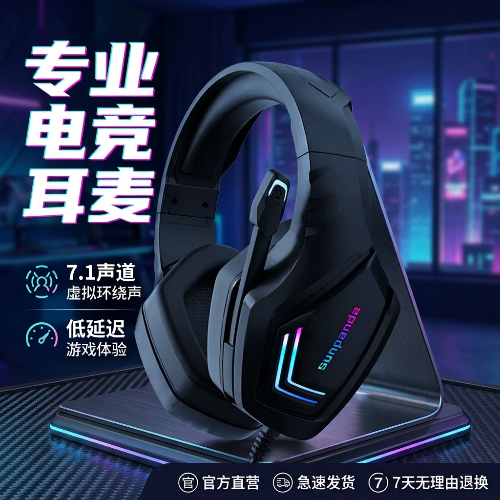 游戏电竞有线头戴式耳机降噪麦克风台式笔记本手机低延迟RGB耳麦