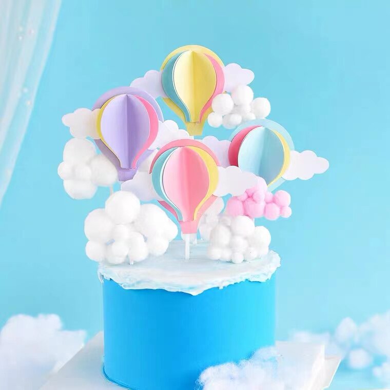 云朵毛球蛋糕装饰插件摆件网红唯美热气球儿童生日烘焙配件插旗