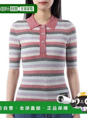 韩国直邮GANNI 粉色条纹闪光罗纹 Polo T 恤 (K2480 999) 短袖珠/