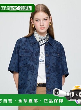 韩国直邮HAZZYS 深蓝色赫奇斯女士牛仔印花短袖衬衫 (HSSH5C806N3