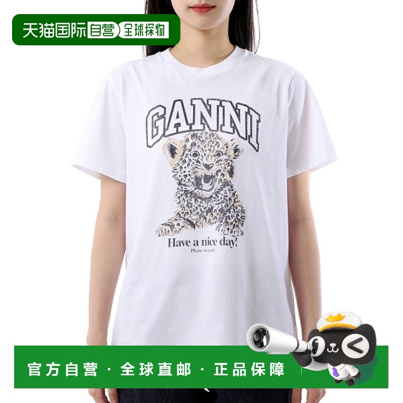 韩国直邮GANNI 白色基本款平纹豹纹休闲T恤（T4124 943）新款上衣