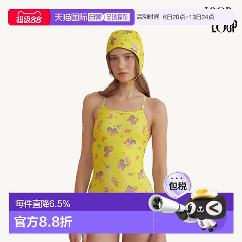 韩国直邮LOOPLOOP暖阳黄小马碎花交叉背连体泳衣女度假显瘦复古