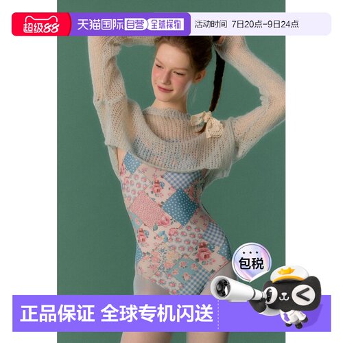 韩国直邮LOOPLOOP天空蓝拼布交叉背中高叉连体泳衣女显瘦度假