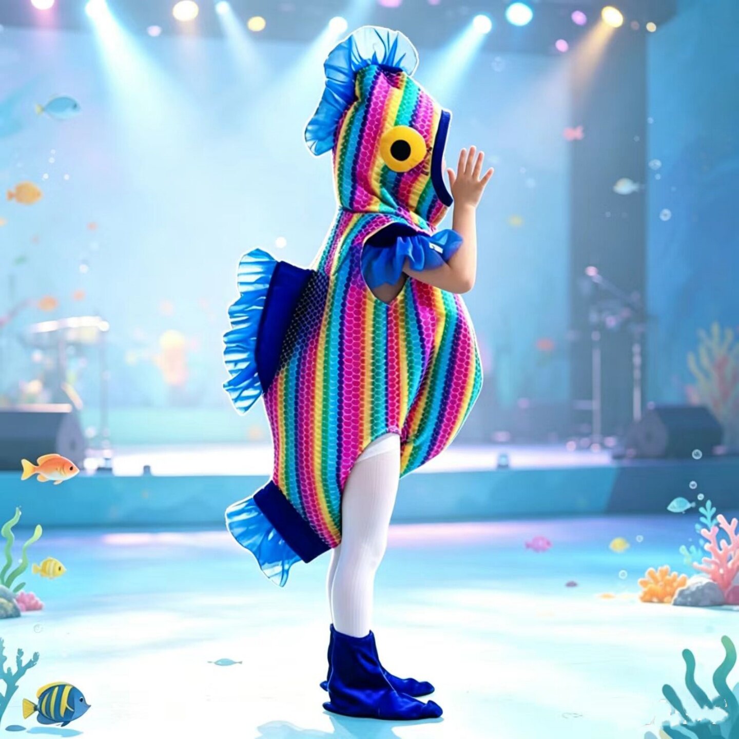 儿童小鱼吐泡泡演出服装幼儿园七彩色小鱼舞蹈服彩虹鱼六一表演服