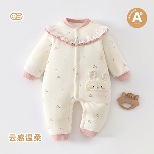 婴儿连体衣夹棉秋冬保暖加厚女宝宝80g加棉花边小公主爬服