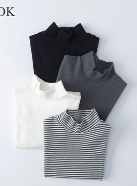 儿童半高领打底衫男女童厚棉黑白纯色中领秋衣上衣秋冬季保暖t恤