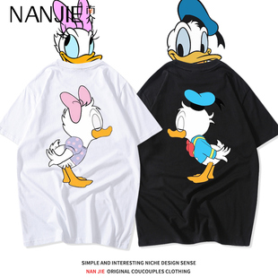 上衣 男女纯棉ins原宿风宽松小众正肩半袖 情侣装 t恤潮牌唐老鸭短袖