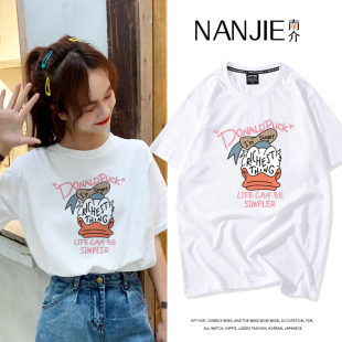 体恤衫 高街潮牌宽松oversize学院风正肩半袖 T恤女美式 唐老鸭短袖