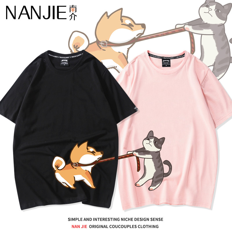 柴犬猫咪短袖T恤女ins潮2023新款韩版宽松小众卡通炸街情侣装夏季