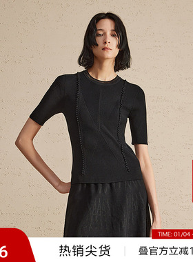 【播奥莱】播黑色冰丝针织t恤女夏季气质修身打底短袖DDR2SD5425