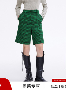 【清仓】春季宽松黑色拉链门襟复古千鸟格五分短裤DDP4KD4798