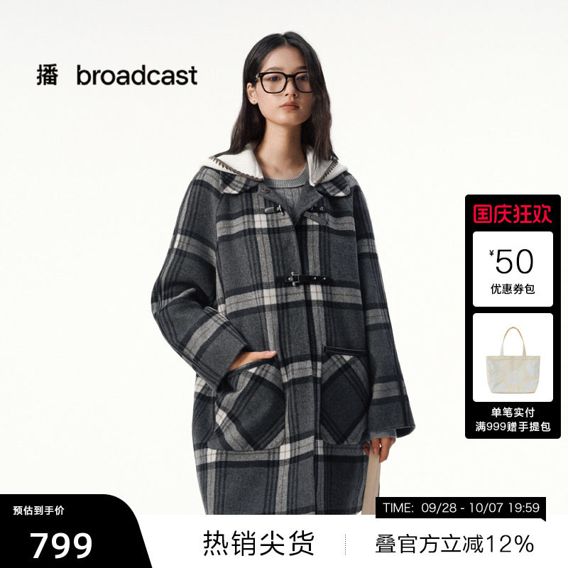 【播奥莱】复古中长款格子羊毛呢外套女冬呢大衣DDS4AD5136