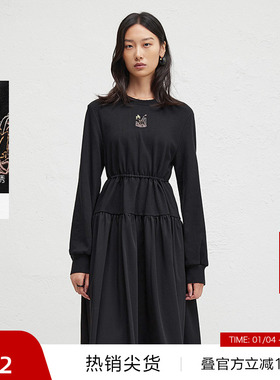 【播奥莱】播秋黑色刺绣连衣裙女收腰显瘦圆领长裙DDR4LD5102