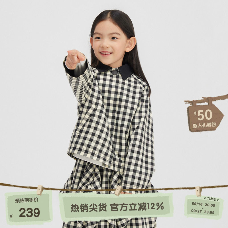 播broadcute童装格子短外套女2024春季新款宽松休闲时髦翻领上衣