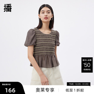 新款 商场同款 彩色花式 花式 播夏季 打揽复古泡泡袖 上衣 播奥莱