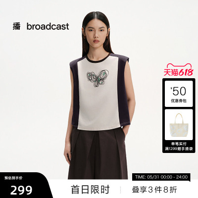 【播奥莱】播商场同款美式轻薄无袖T恤女25夏撞色上衣BDS2YD2529