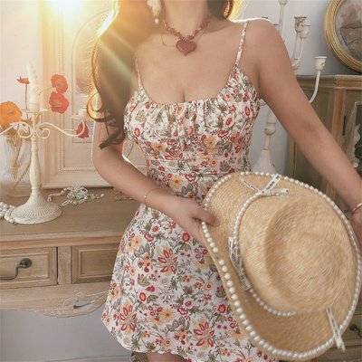 超美碎花显腰细碎花吊带裙短裙