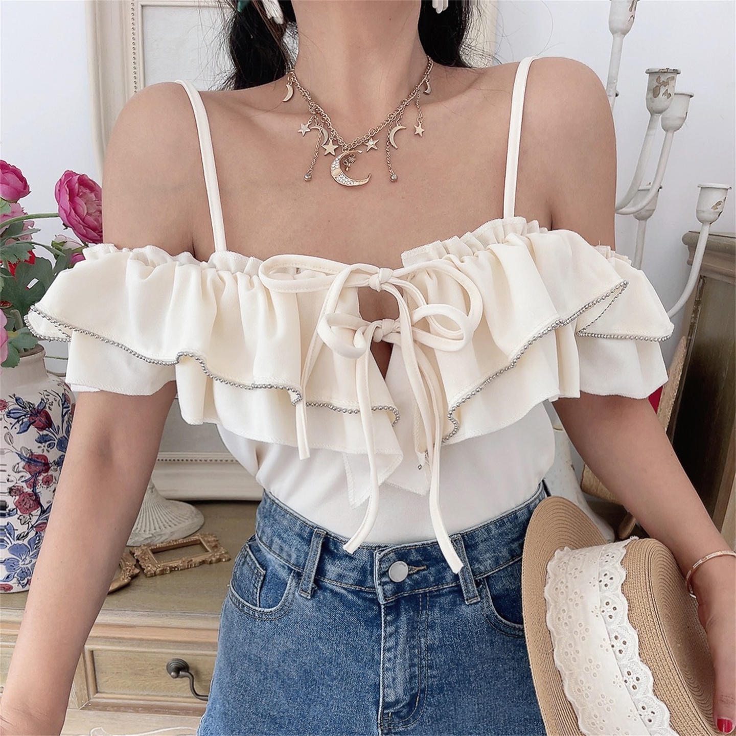 法式荷叶一字肩系带度假小衫衬衫