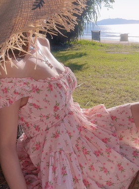 chenopod浪漫夏威夷自制2026春夏法式方领泡泡袖碎花度假连衣裙