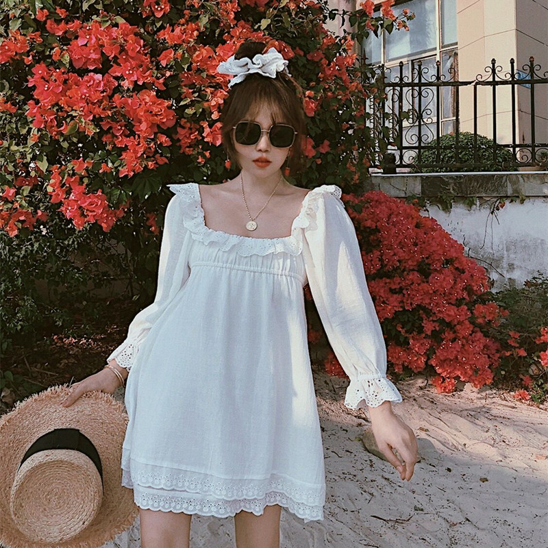 法式复古方领仙女白棉麻连衣裙