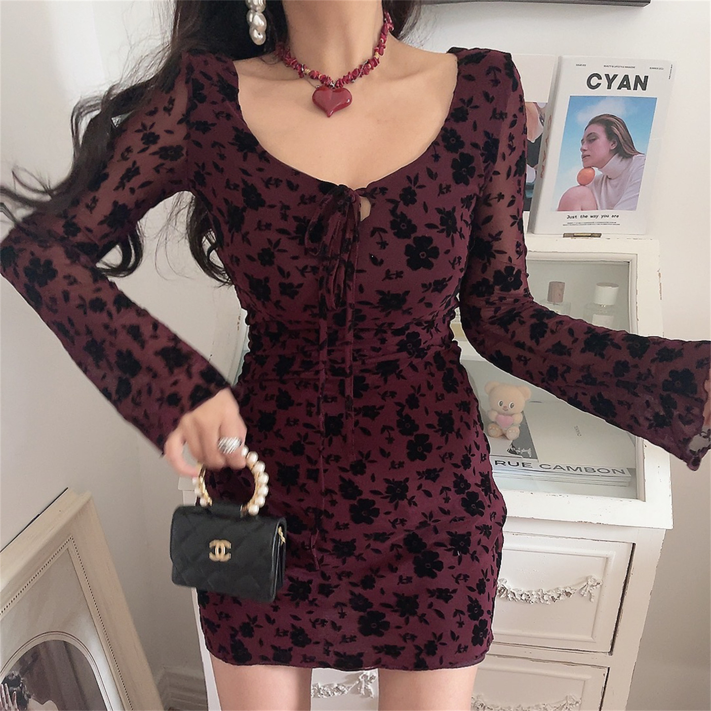 法式复古大弹力性感网纱连衣裙