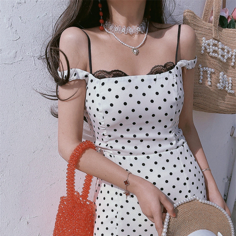 法式蕾丝方领长款鱼尾度假吊带裙