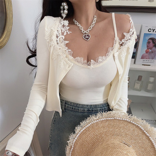 chenopod超仙的一套！自制大弹力复古蕾丝花边吊带长袖开衫两件套