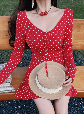 chenopod自制2026春季法式复古红波点修身显瘦长袖连衣裙度假裙