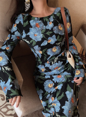 chenopod2026春夏巨美显气质法式复古大花朵喇叭袖收腰度假长裙