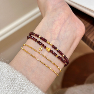 谷岚「棠玥」天然切面石榴石双圈叠戴手串女款金色葫芦手链2025